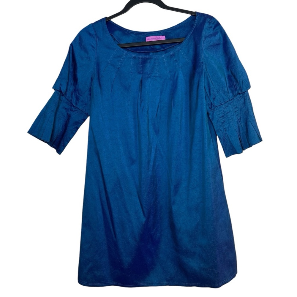 Calypso Christiane Celle 100% Silk Short Sleeve Shift Dress Blue‎ Iridescent Sm